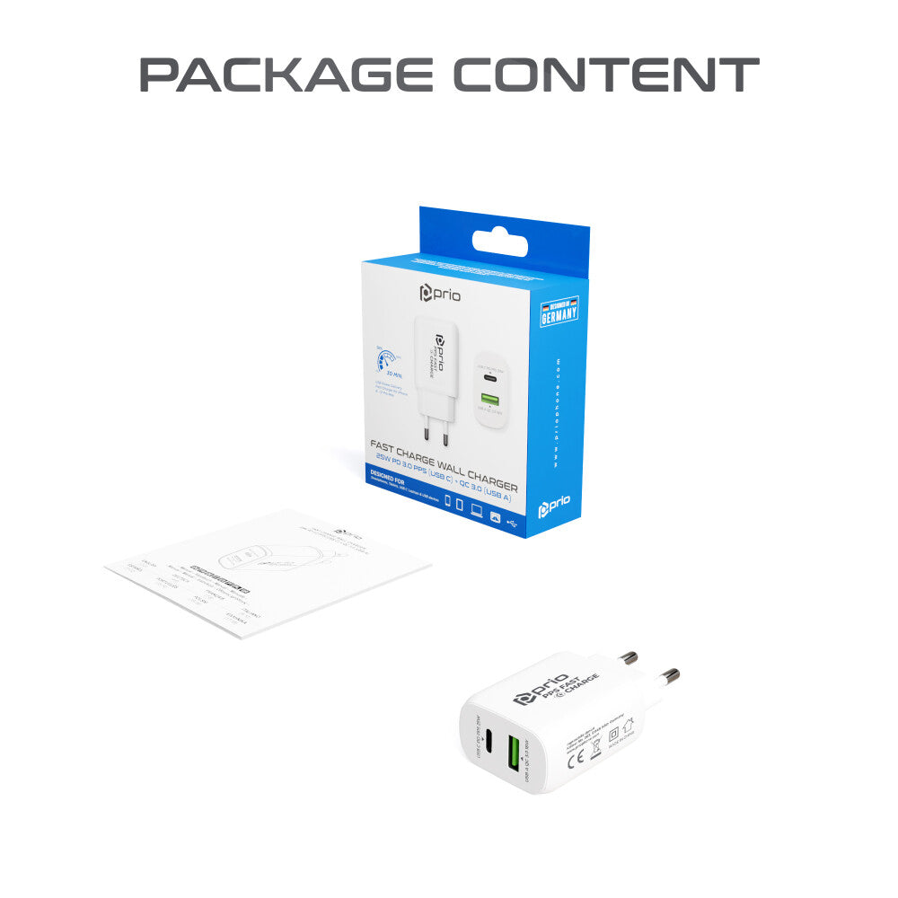 prio Schnellladegerät 25W PD PPS (USB C) + QC 3.0 (USB A) weiß
