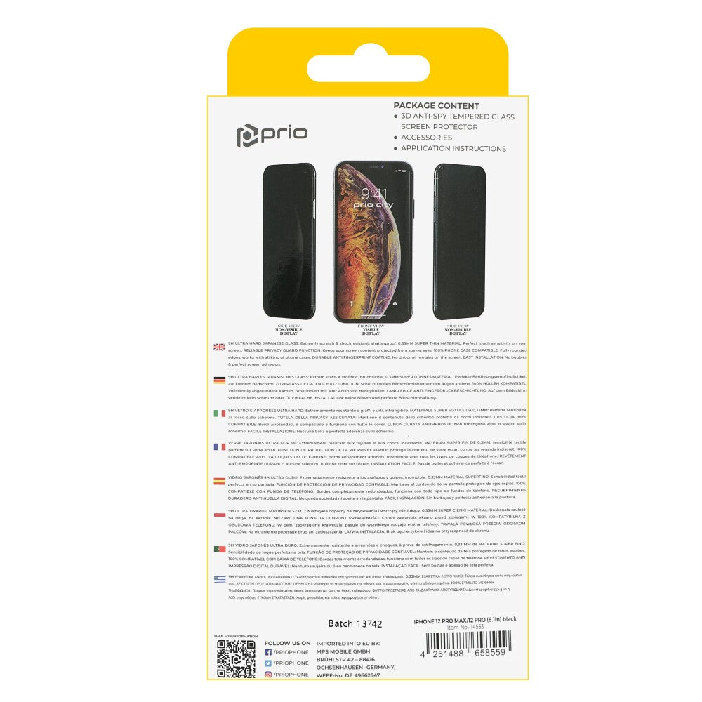 prio 3D Anti-Spy Displayschutzglas für iPhone 12 / 12 Pro schwarz