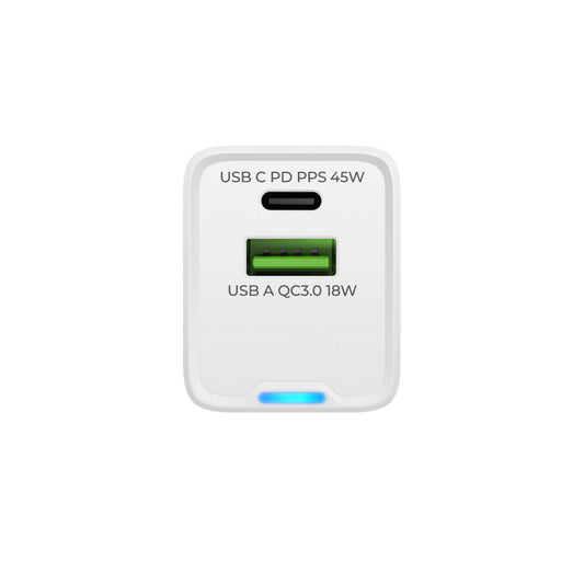 prio Wandladegerät GaN Power 45W PD PPS (USB C) + QC 3.0 (USB A) weiß