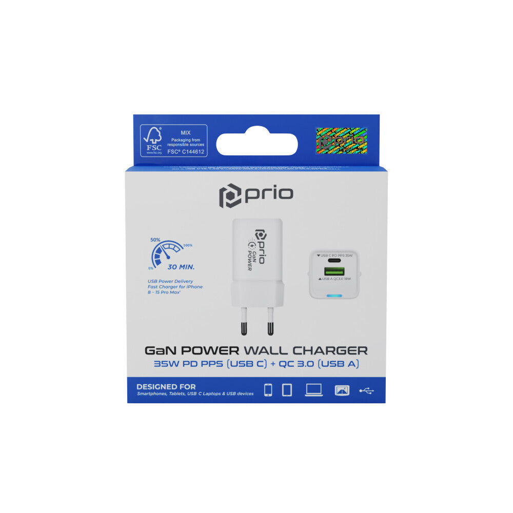 prio Wandladegerät GaN Power 35W PD PPS (USB C) + QC 3.0 (USB A) weiß