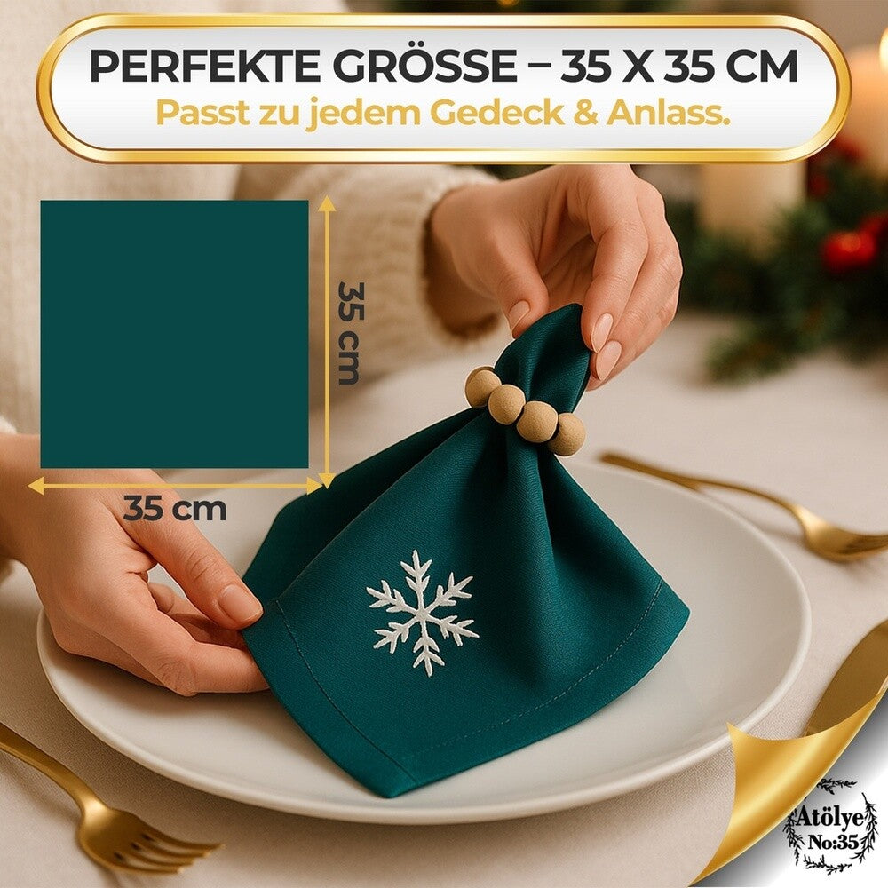 Stoffservietten Weihnachten 4er Set Zümrütgrün Schneeflocken-Stickerei 35x35 cm