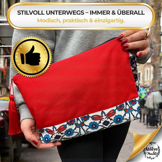 Kulturtasche Damen, Kosmetiktasche Rot, Ethnisches Muster, 32x24 cm