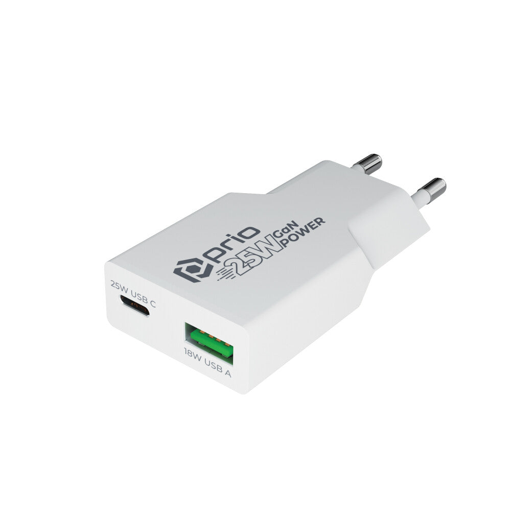 prio Ladegerät GaN POWER 25W PD PPS (USB C)+QC 3.0 (USB A) weiß