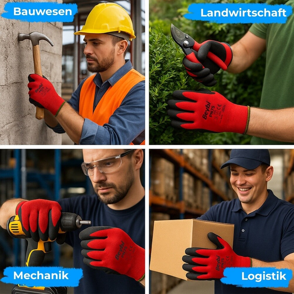 12 Paar Arbeitshandschuhe, Polyester, Rot und Schwarz