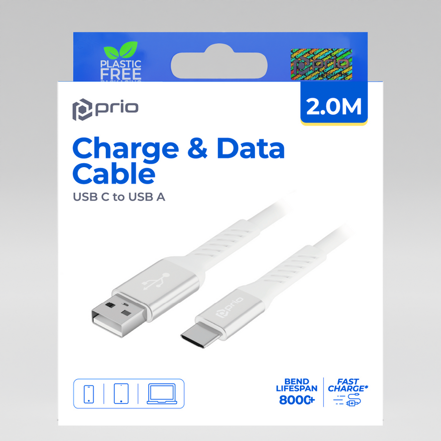 prio Lade- und Datenkabel USB C auf USB A 2,0 m weiß