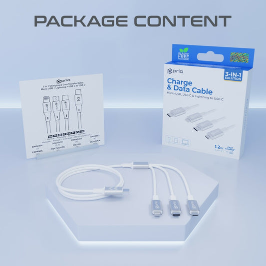 prio 3 in 1 Micro USB & USB C & Lightning auf USB C Kabel 3A 1,2m weiß