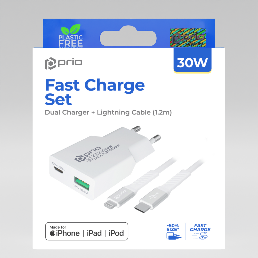 prio Mfi Set (30W Dual GaN Ladegerät + Lightning - USB C Kabel) weiß