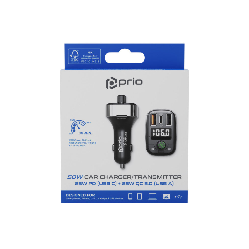 prio Fast Charge Autoladegerät 50W (USB-C + USB-A) & Sender (BT/FM) Schwarz