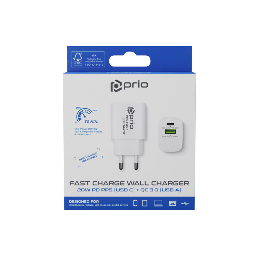 prio Schnellladegerät 20W PD (USB C) + QC 3.0 (USB A) weiß