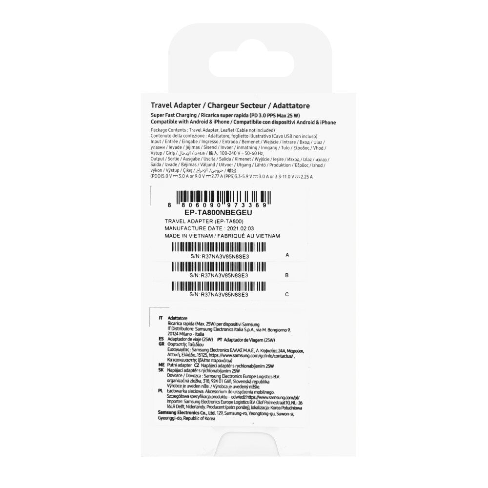 Samsung 25W Reiseadapter (ohne Kabel) schwarz EP-TA800NBE