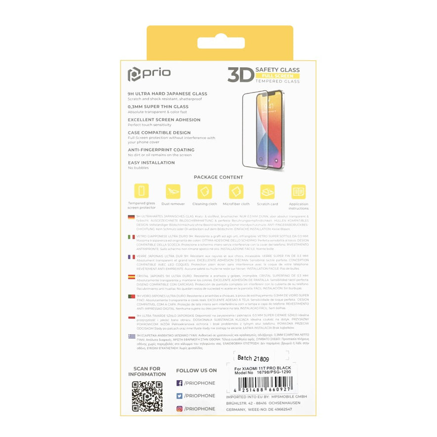 prio 3D Displayschutzglas für Xiaomi 11T Pro schwarz