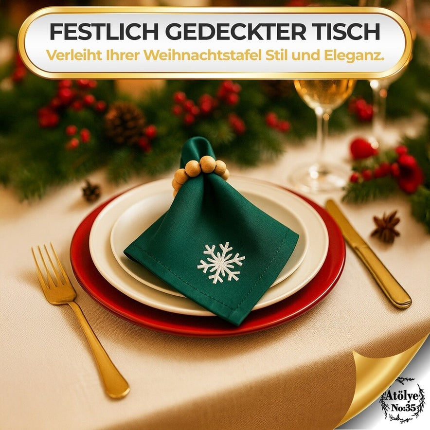 Stoffservietten Weihnachten 4er Set Zümrütgrün Schneeflocken-Stickerei 35x35 cm