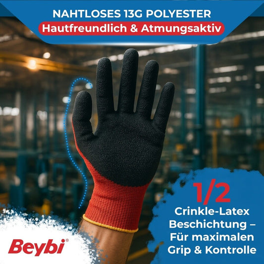 12 Paar Arbeitshandschuhe, Polyester, Rot und Schwarz