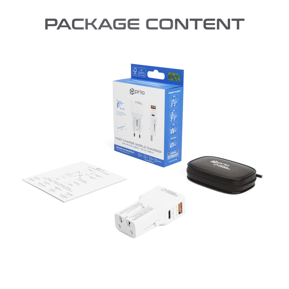 prio Fast Charge World Reiseladegerät 25W PD PPS (USB C) + QC 3.0 (USB A) weiß