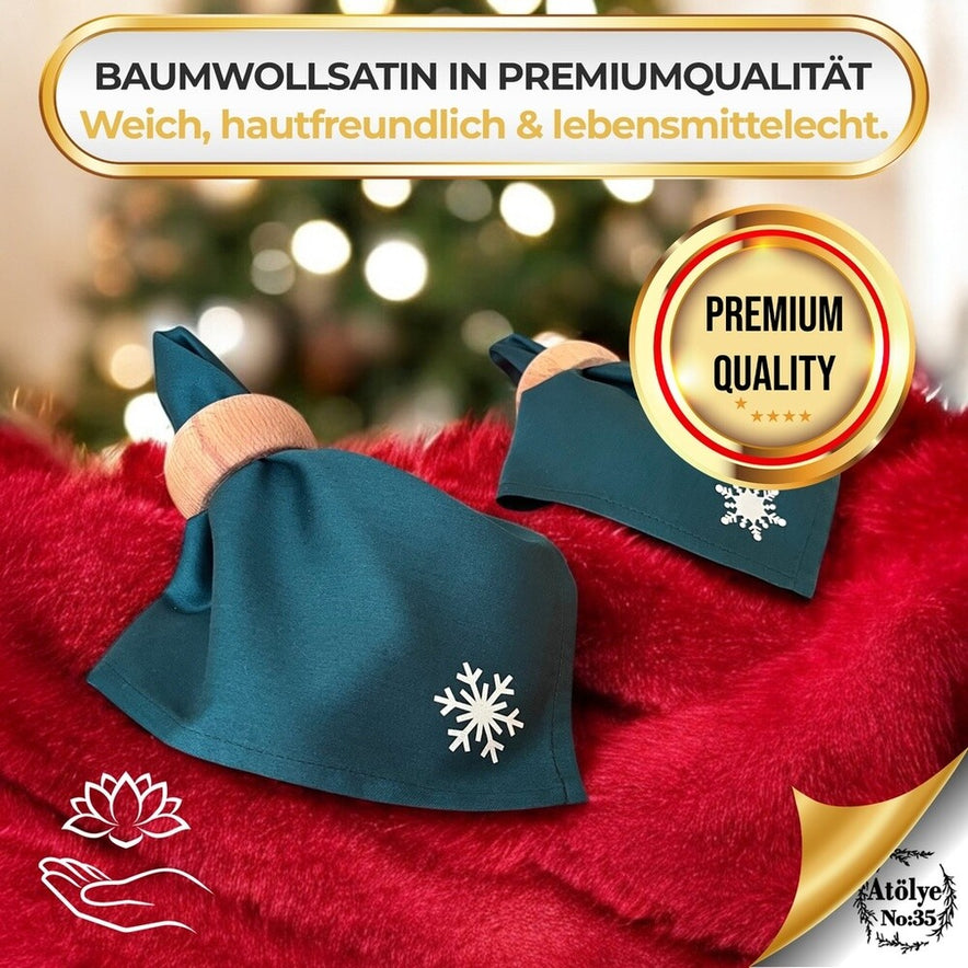 Stoffservietten Weihnachten 4er Set Zümrütgrün Schneeflocken-Stickerei 35x35 cm