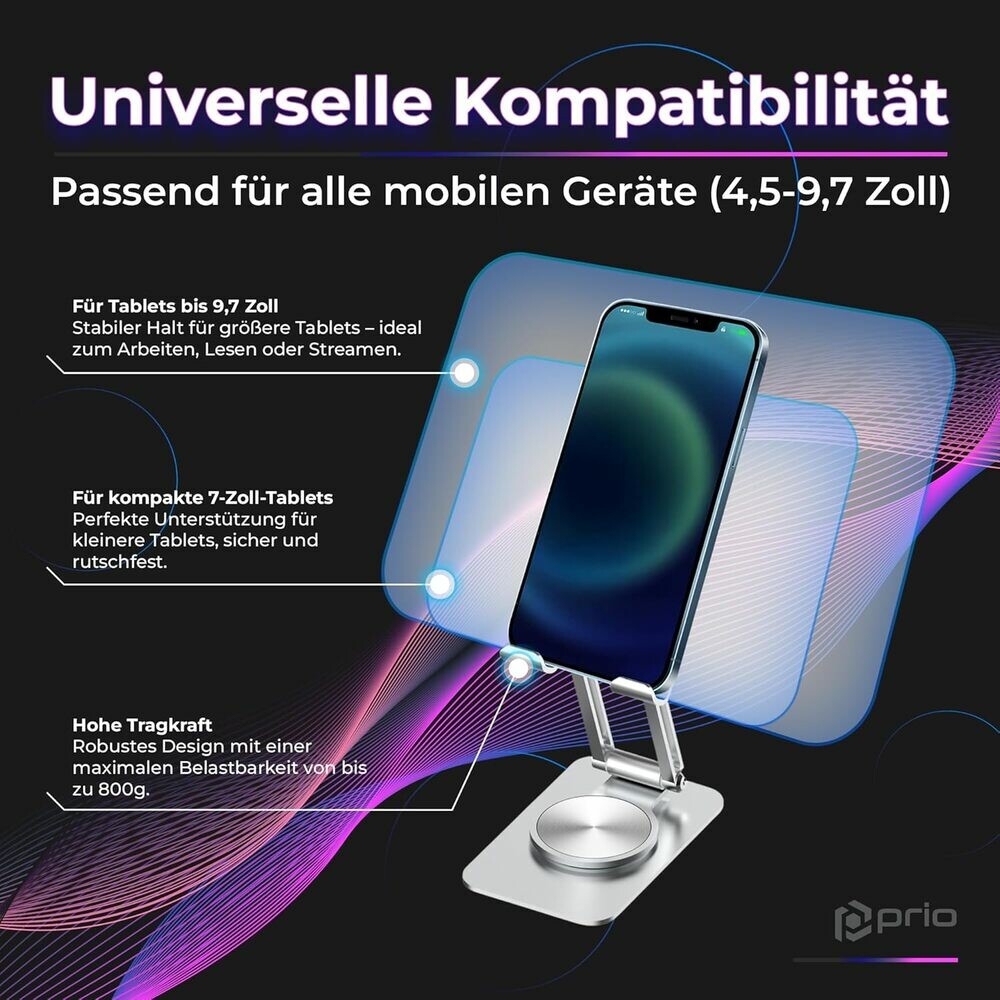 prio drehbarer Metall-Telefonständer / Handy Halterung 360 Silber