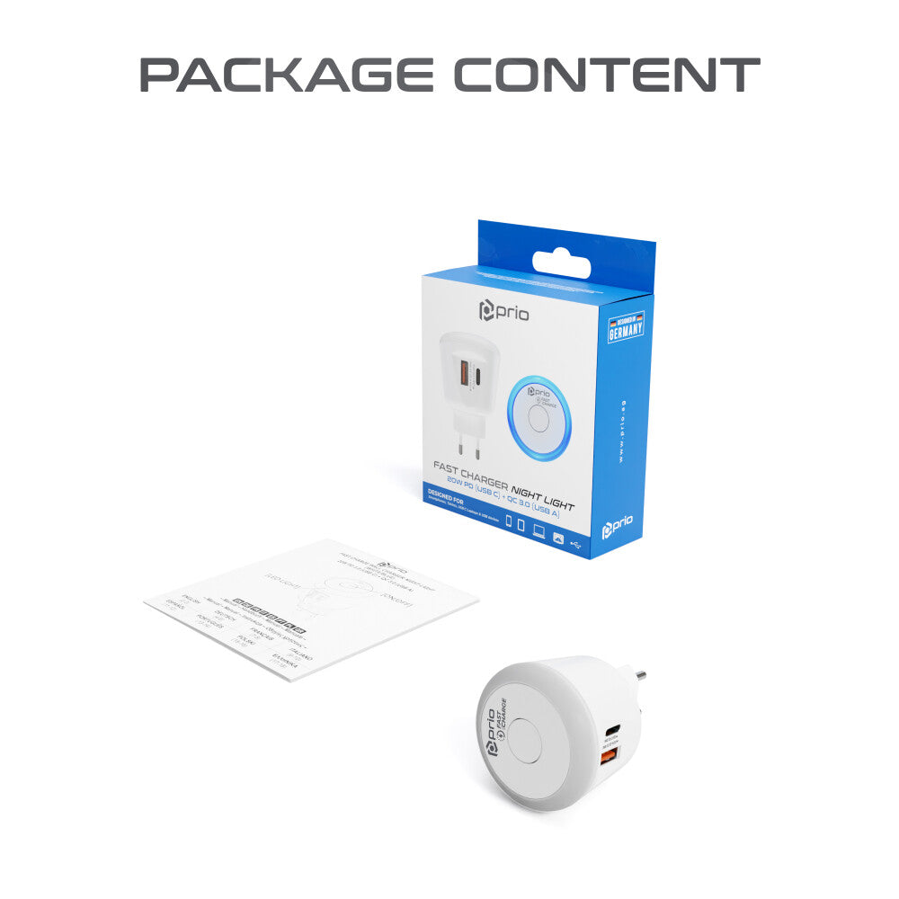 prio Fast Charge Wandladegerät 20W PD (USB C) + QC 3.0 (USB A) Nachtlicht blau