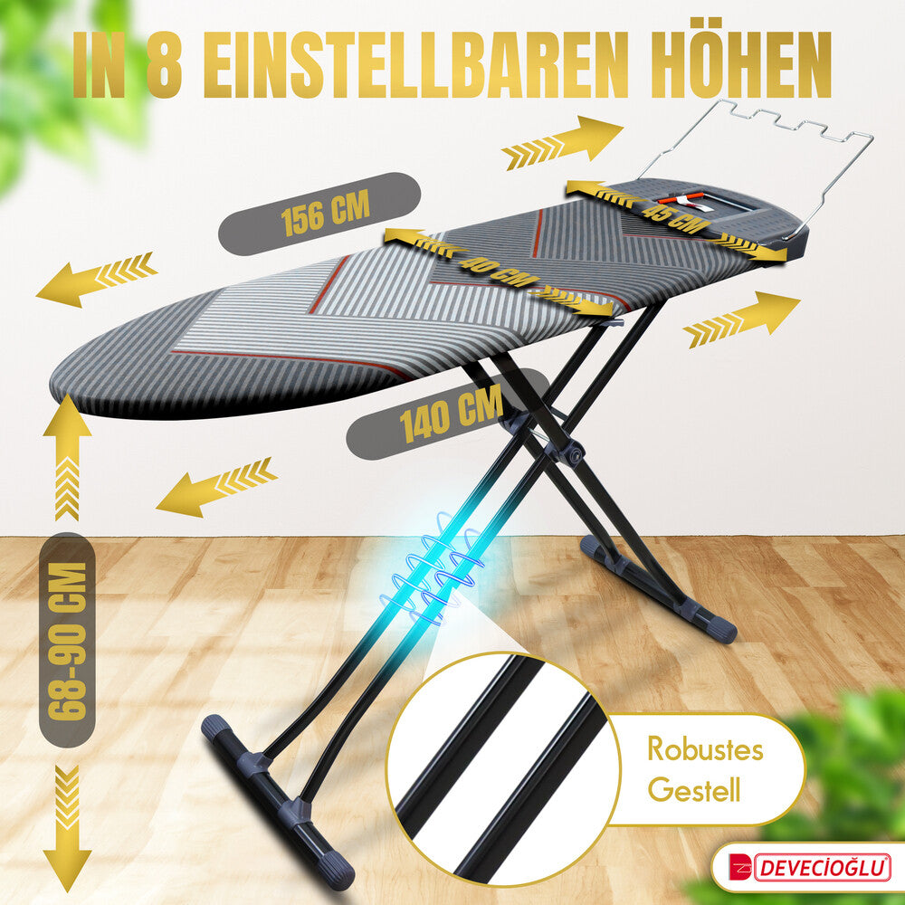 Bügelbrett, Bügeleisen Ablage, Bügelbrettbezug 40x140cm, Höhe 68-90cm, Grau