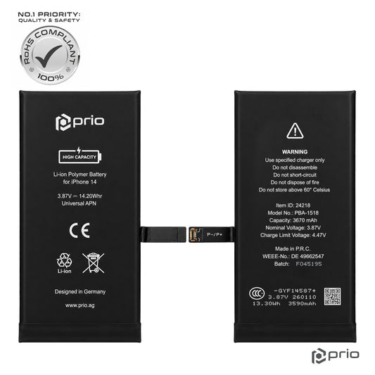 Prio Hochleistungsakku für iPhone 14 (3670 mAh) - Universeller APN -