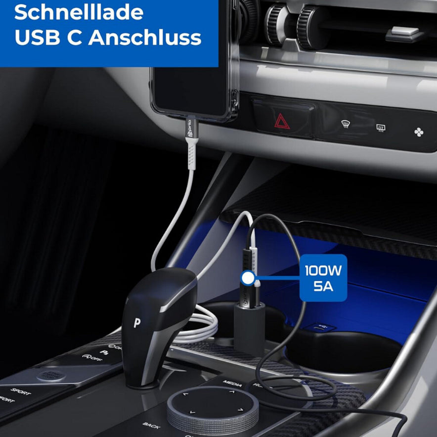prio Fast Charge Autoladegerät 100W PD (USB C) + 22,5W (USB A) schwarz