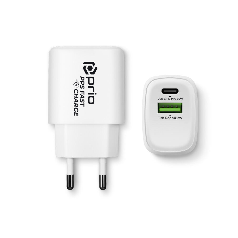 prio Schnellladegerät 30W PD (USB C) + QC 3.0 (USB A) weiß