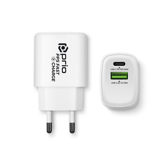 prio Schnellladegerät 30W PD (USB C) + QC 3.0 (USB A) weiß