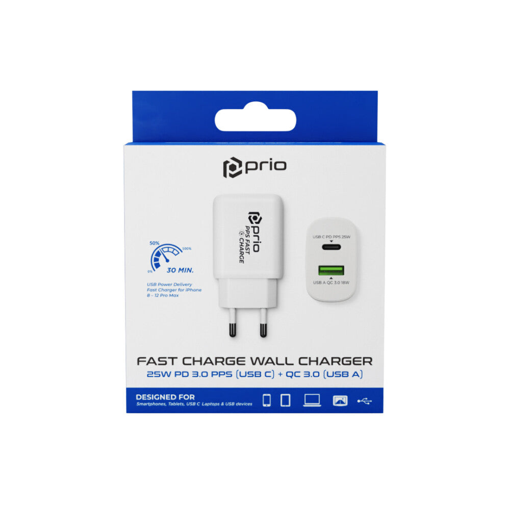 prio Schnellladegerät 25W PD PPS (USB C) + QC 3.0 (USB A) weiß