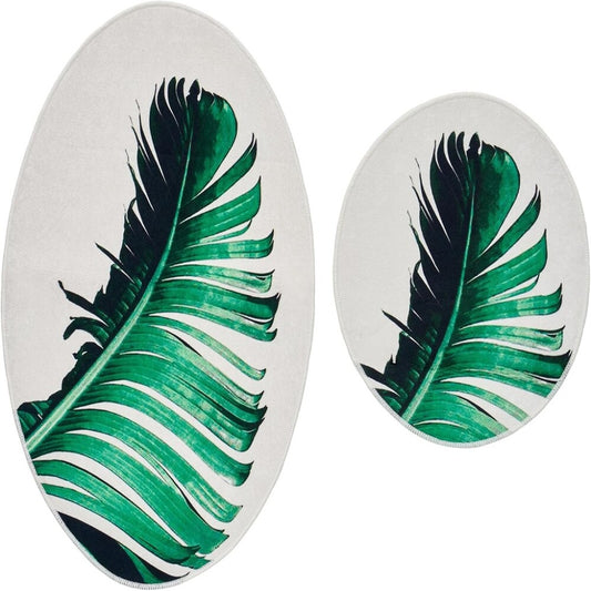 miqna Ovales Badezimmerteppich- Set mit Feder-Motiv 60x100 cm und 50x60 cm