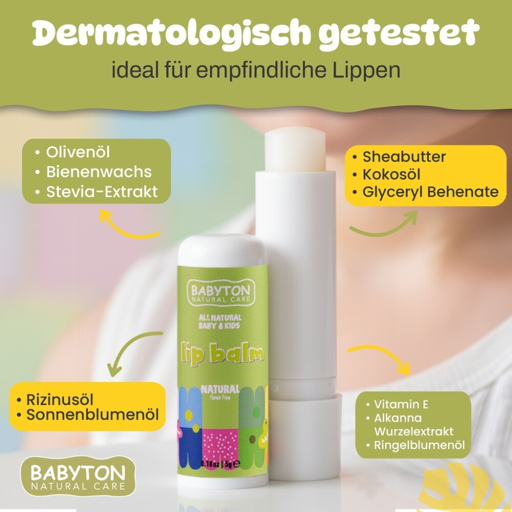 Babyton Lippenbalsam für Babys und Kinder, natürlich geschmacksneutral, 5 g