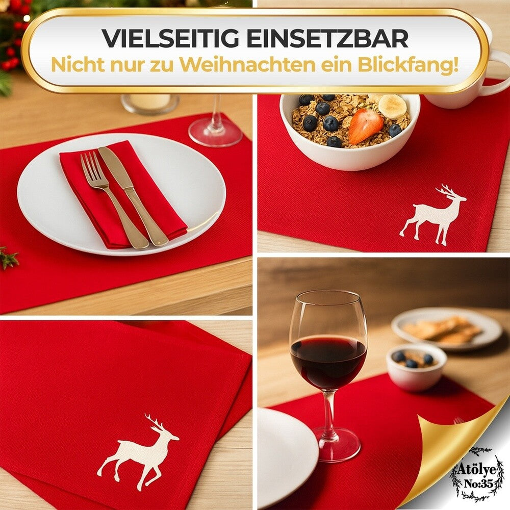 Tischsets Weihnachten, 4er Set Rot Gold Rentier-Stickerei, Abwaschbar 45x35 cm