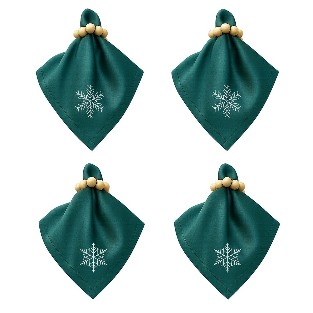 Stoffservietten Weihnachten 4er Set Zümrütgrün Schneeflocken-Stickerei 35x35 cm - Stickerei