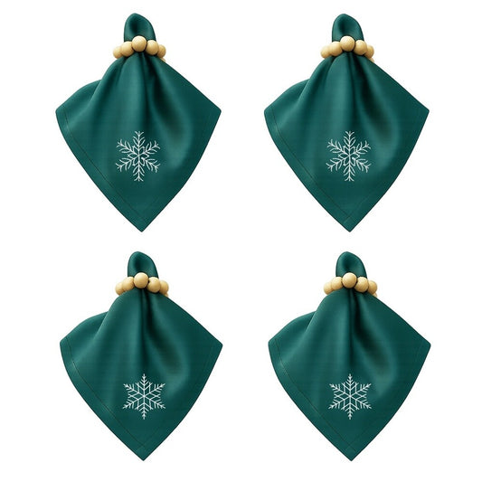 Stoffservietten Weihnachten 4er Set Zümrütgrün Schneeflocken-Stickerei 35x35 cm - Stickerei