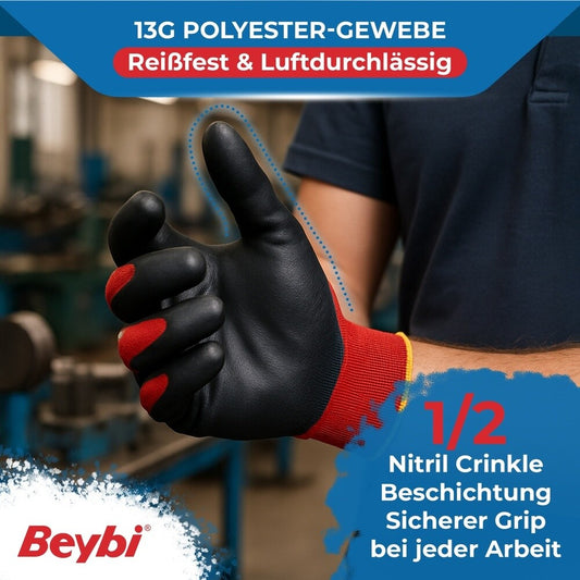12 Paar Arbeitshandschuhe, Polyester, Rot und Schwarz