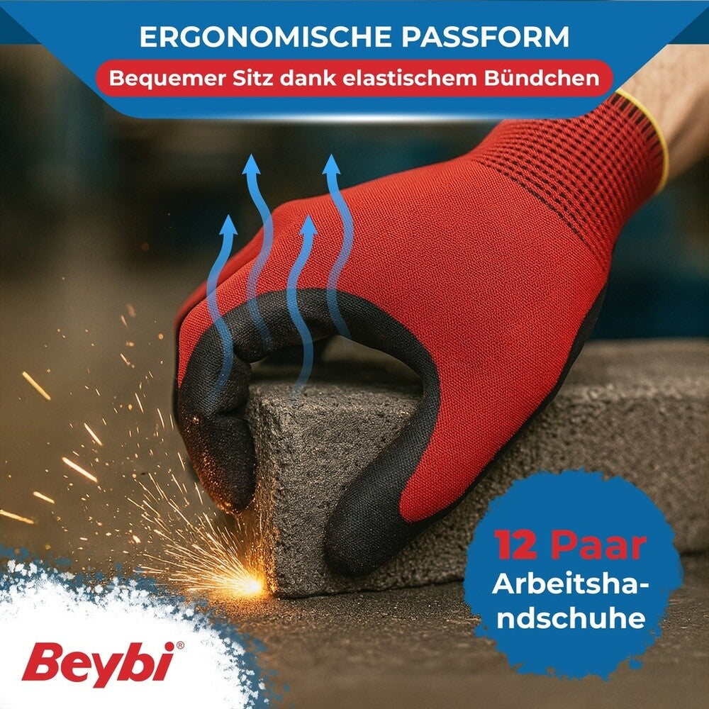 12 Paar Arbeitshandschuhe, Polyester, Rot und Schwarz