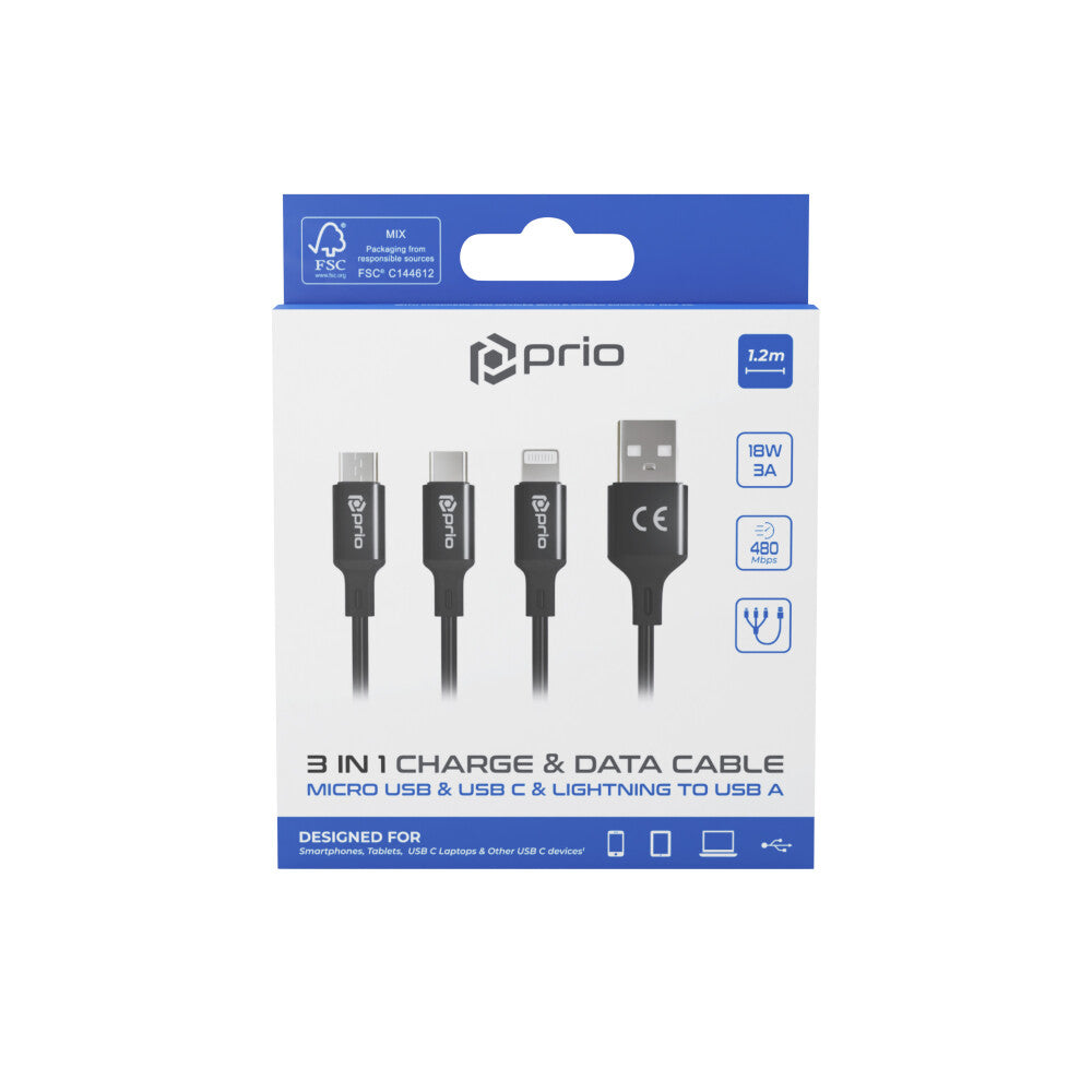 prio 3in1 Micro USB & USB C & Lightning zu USB A Kabel 3A 1,2m schwarz