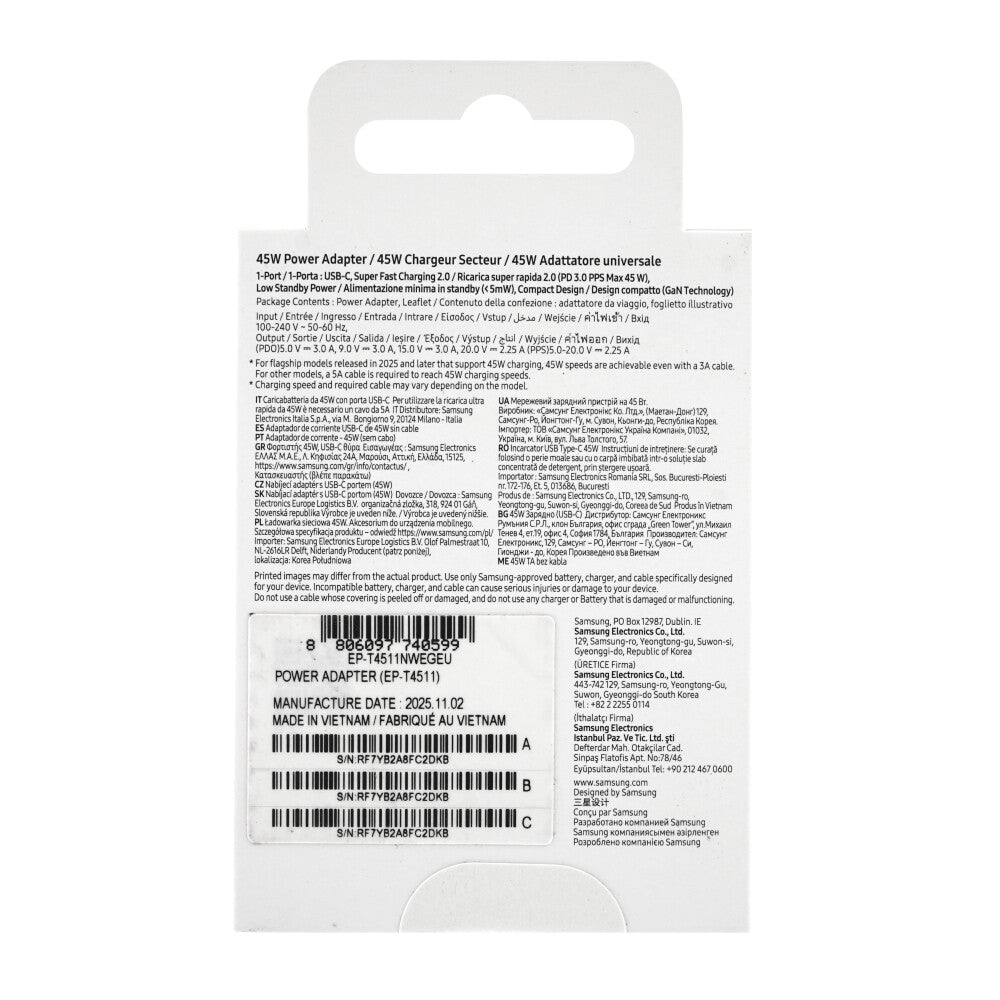Samsung 45W USB-C Power Adapter (ohne Kabel) weiß EP-T4511NWE