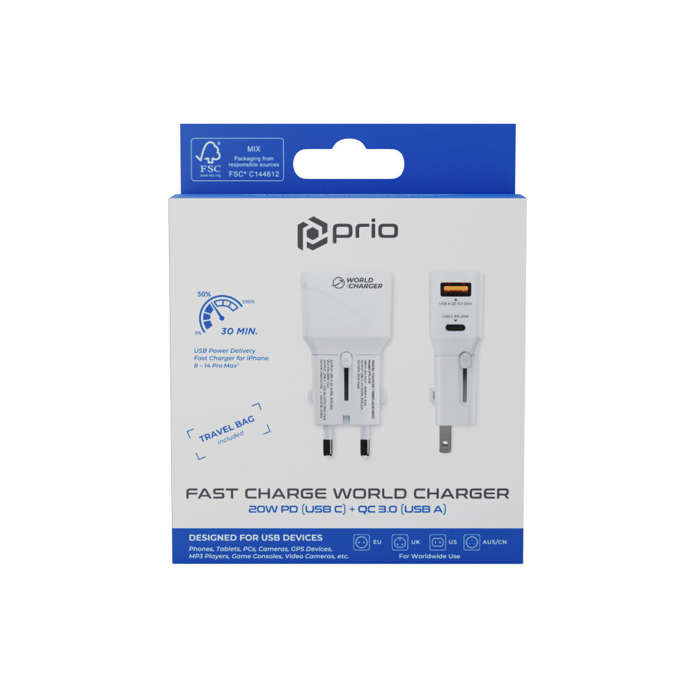 Prio Schnelllade-Weltreiseladegerät, 20W PD (USB C) + QC 3.0 (USB A) weiß