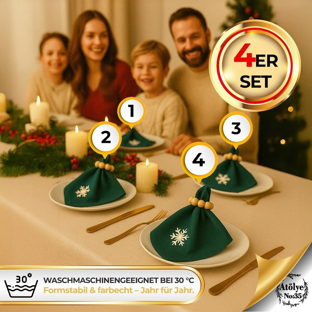 Stoffservietten Weihnachten 4er Set Zümrütgrün Schneeflocken-Stickerei 35x35 cm