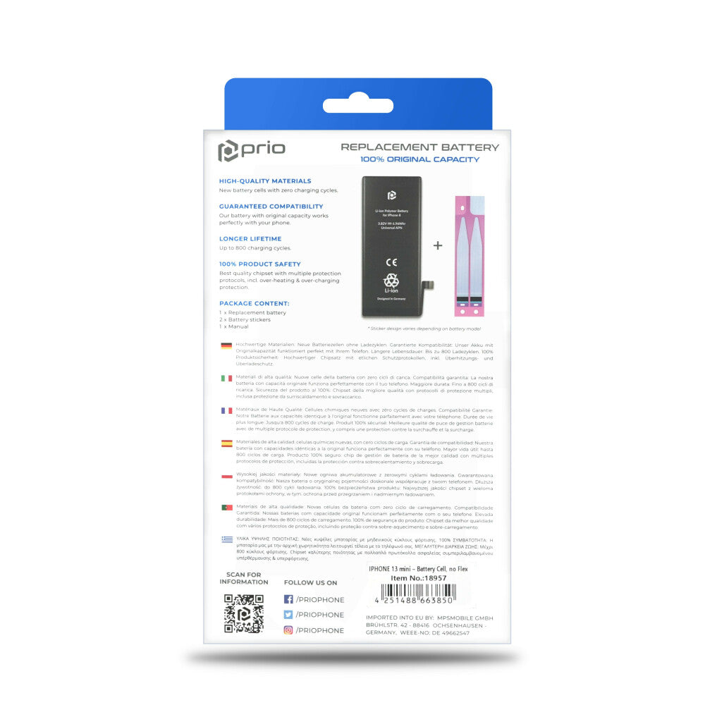 prio Akkuzelle für iPhone 13 mini (ohne Flex-Kabel)