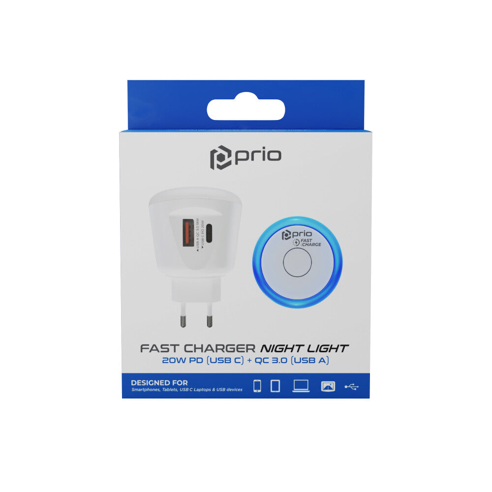 prio Fast Charge Wandladegerät 20W PD (USB C) + QC 3.0 (USB A) Nachtlicht blau