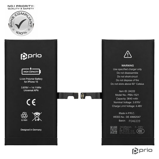 Prio Hochleistungsakku für iPhone 15 (3640 mAh) - Universeller APN -