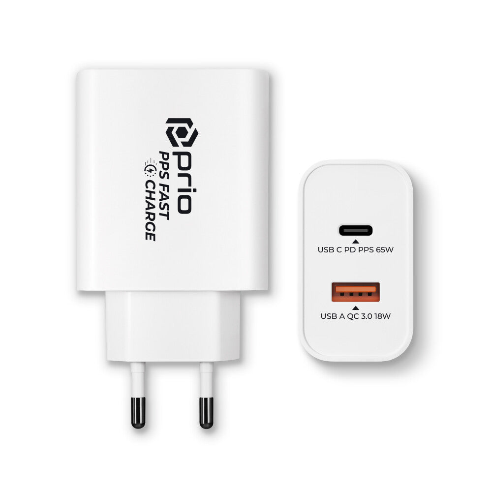 prio Schnellladegerät 65W PD (USB C) + QC 3.0 (USB A) weiß