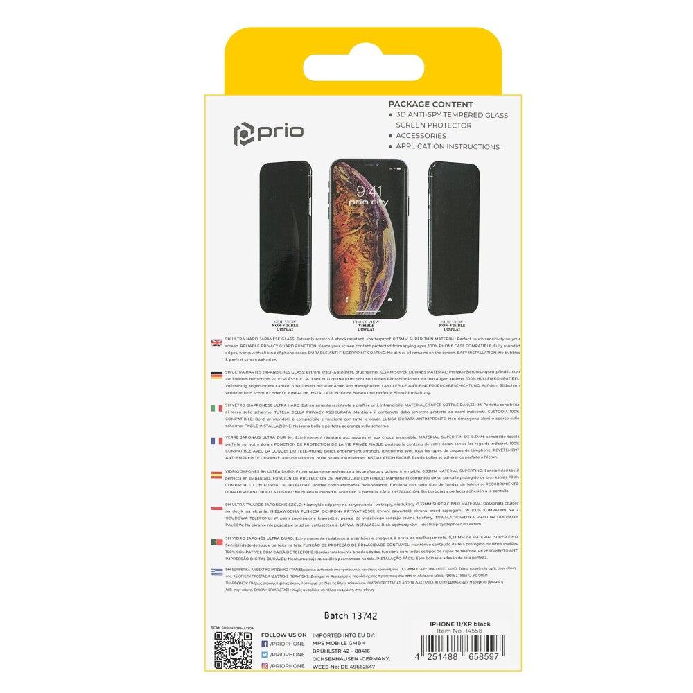 prio 3D Anti-Spy Displayschutzglas für iPhone 11/XR schwarz