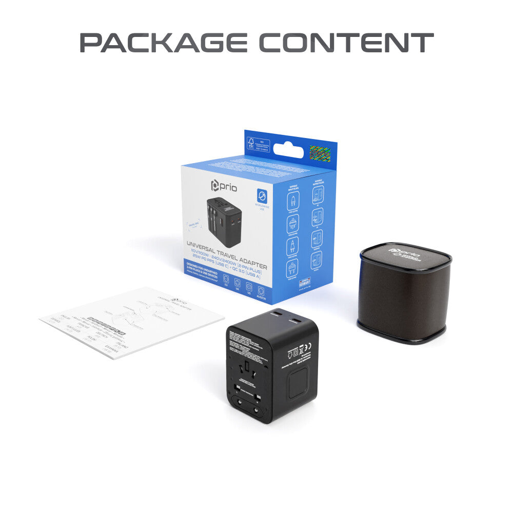 prio Universal Reiseadapter 25W Schwarz – Ladegerät USB, weltweit für 220 Länder