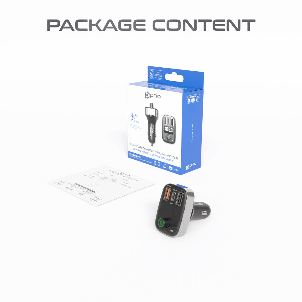 prio Fast Charge Autoladegerät 50W (USB-C + USB-A) & Sender (BT/FM) Schwarz