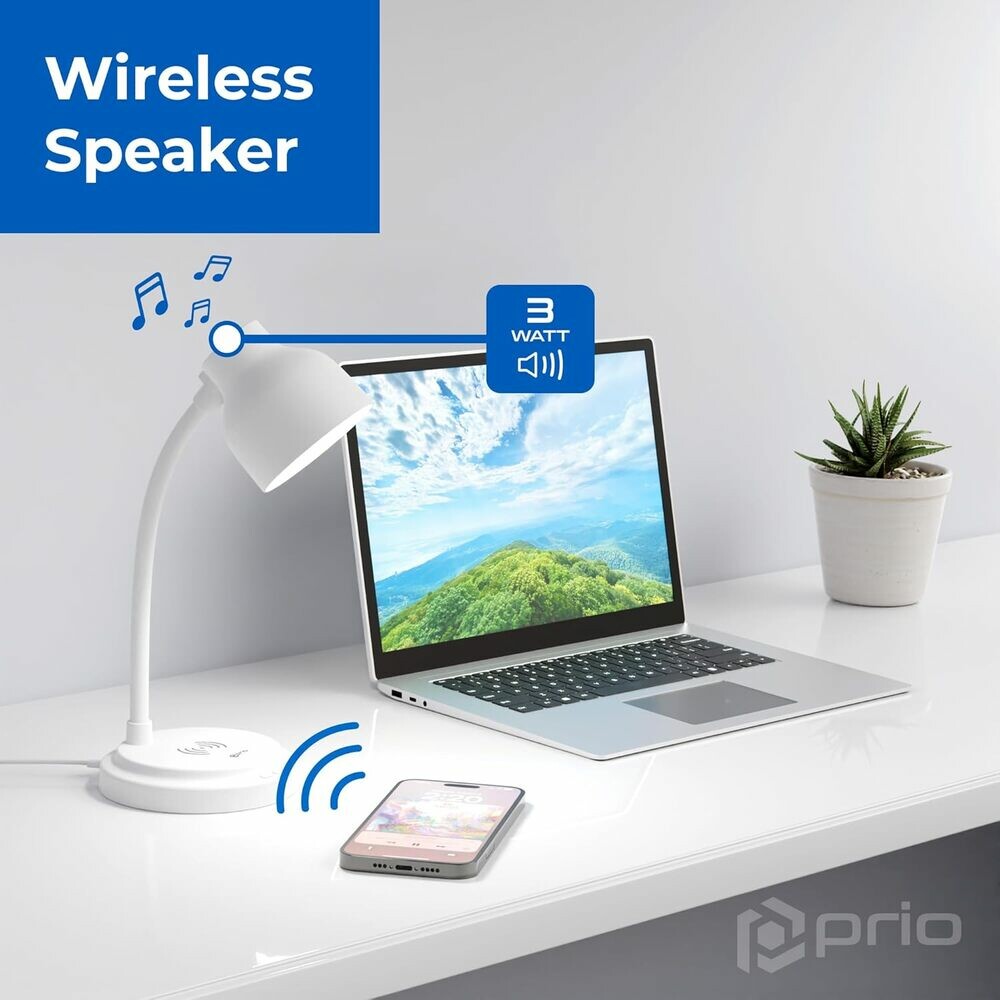 prio 3-in-1 SMART Schreibtischlampe mit integriertem kabellosem Ladegerät und Lautsprecher