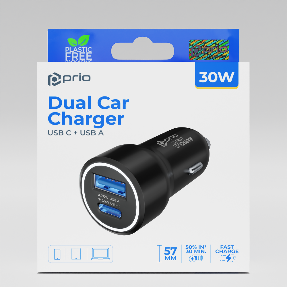 prio Fast Charge Car Charge 30W PD (USB C) + 30W (USB A) schwarz