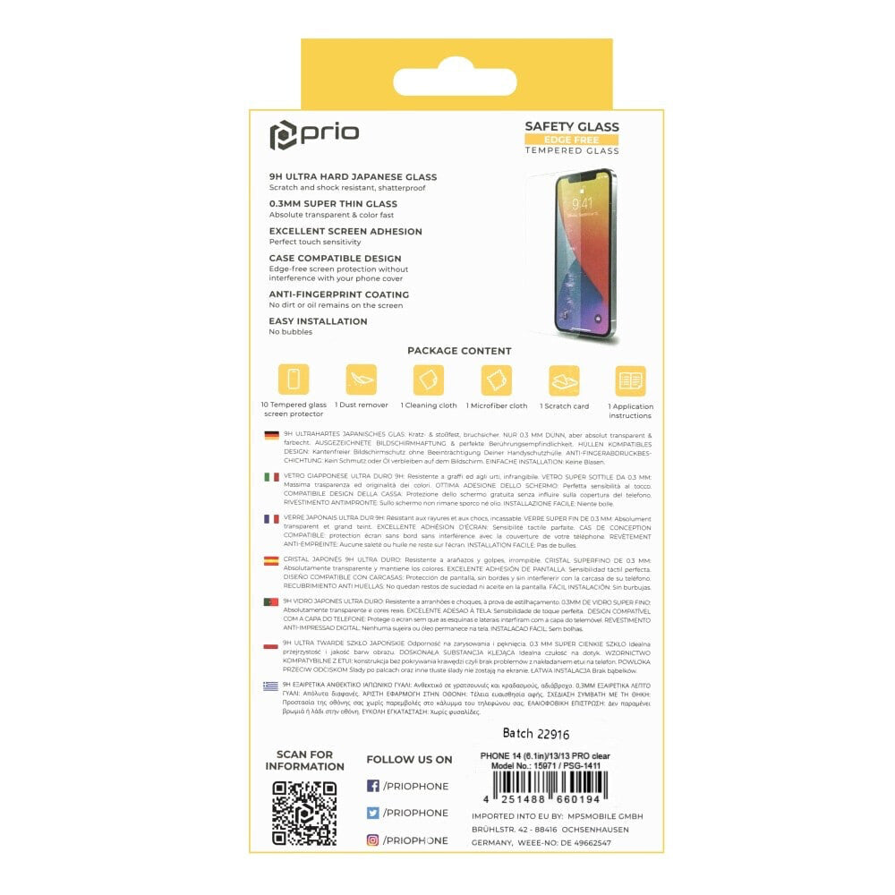 prio 10x Displayschutzglas für iPhone 14/13/13 Pro transparent