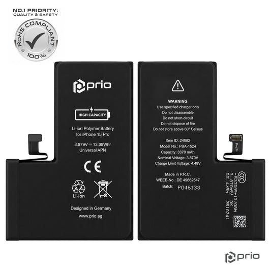 Prio Hochleistungsakku für iPhone 15 Pro (3370 mAh) - Universeller APN -