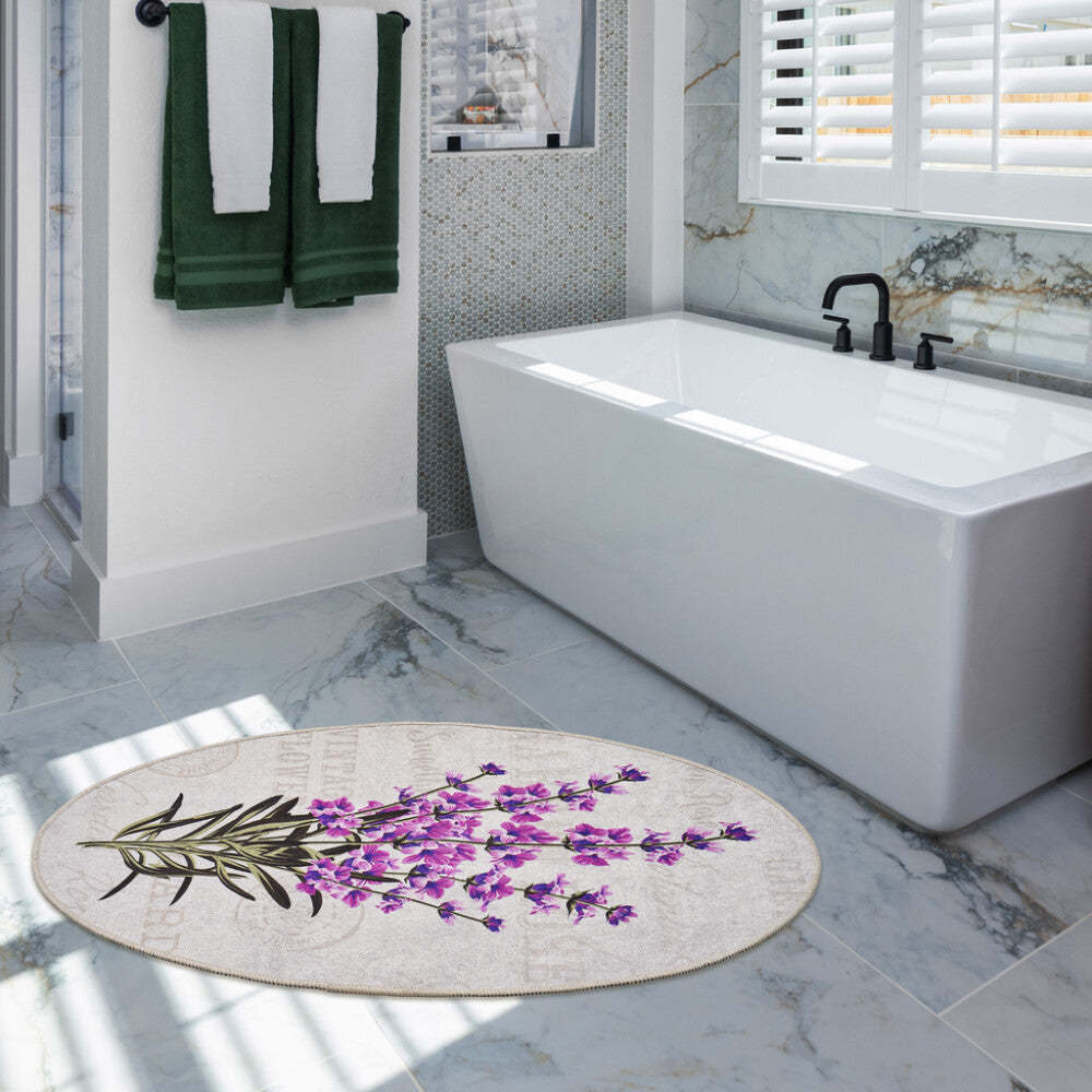 Miqna 2-teiliges Badteppich Set Lavendel Motiv Oval 60x100cm & 50x60cm Hauptbild